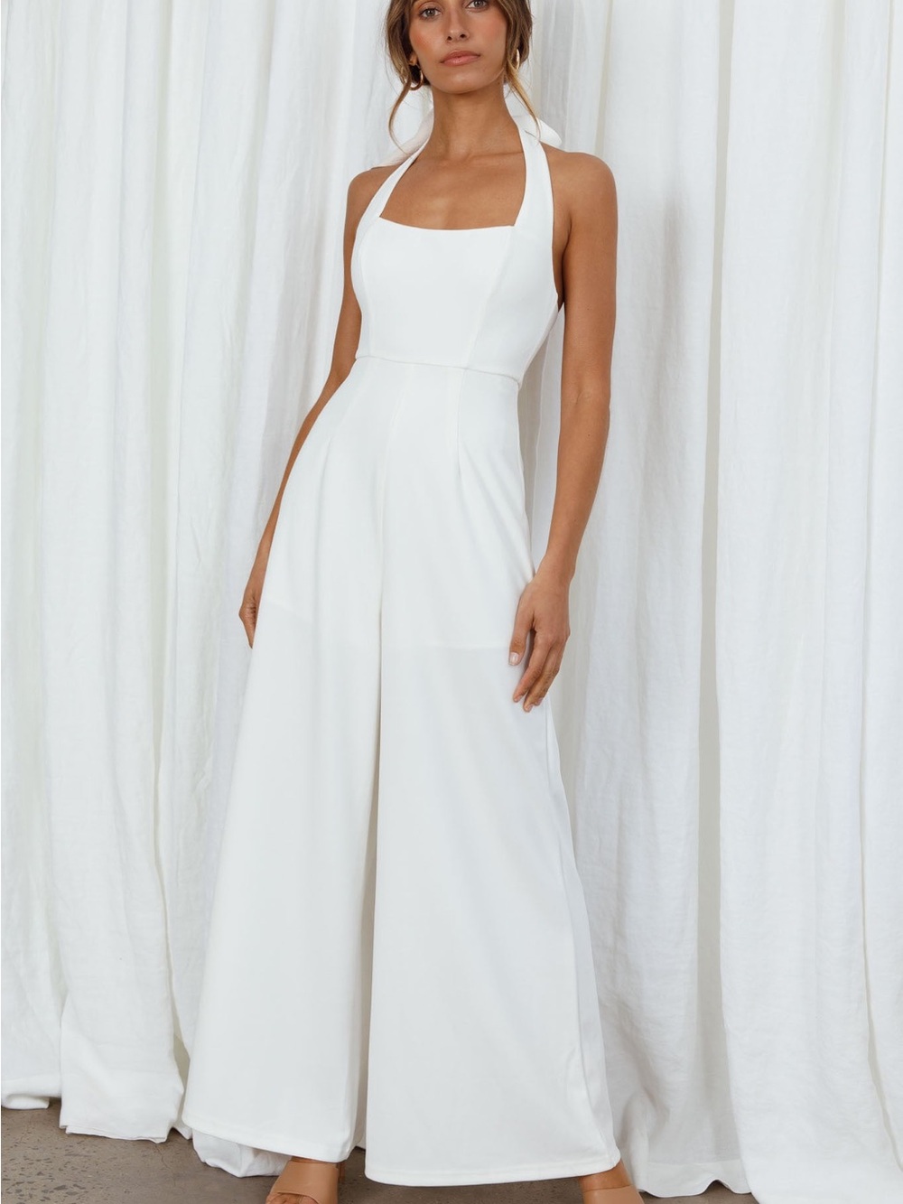 NWOT! Selfie Leslie White Halter Wide-Leg Jumpsuit